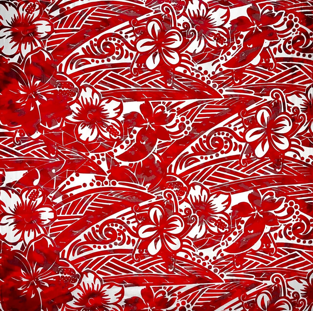 1 Yard Traditional Polynesian Tattoo Cotton Fabric with Hibiscus & Plumeria Swirls 36in L x 45in W